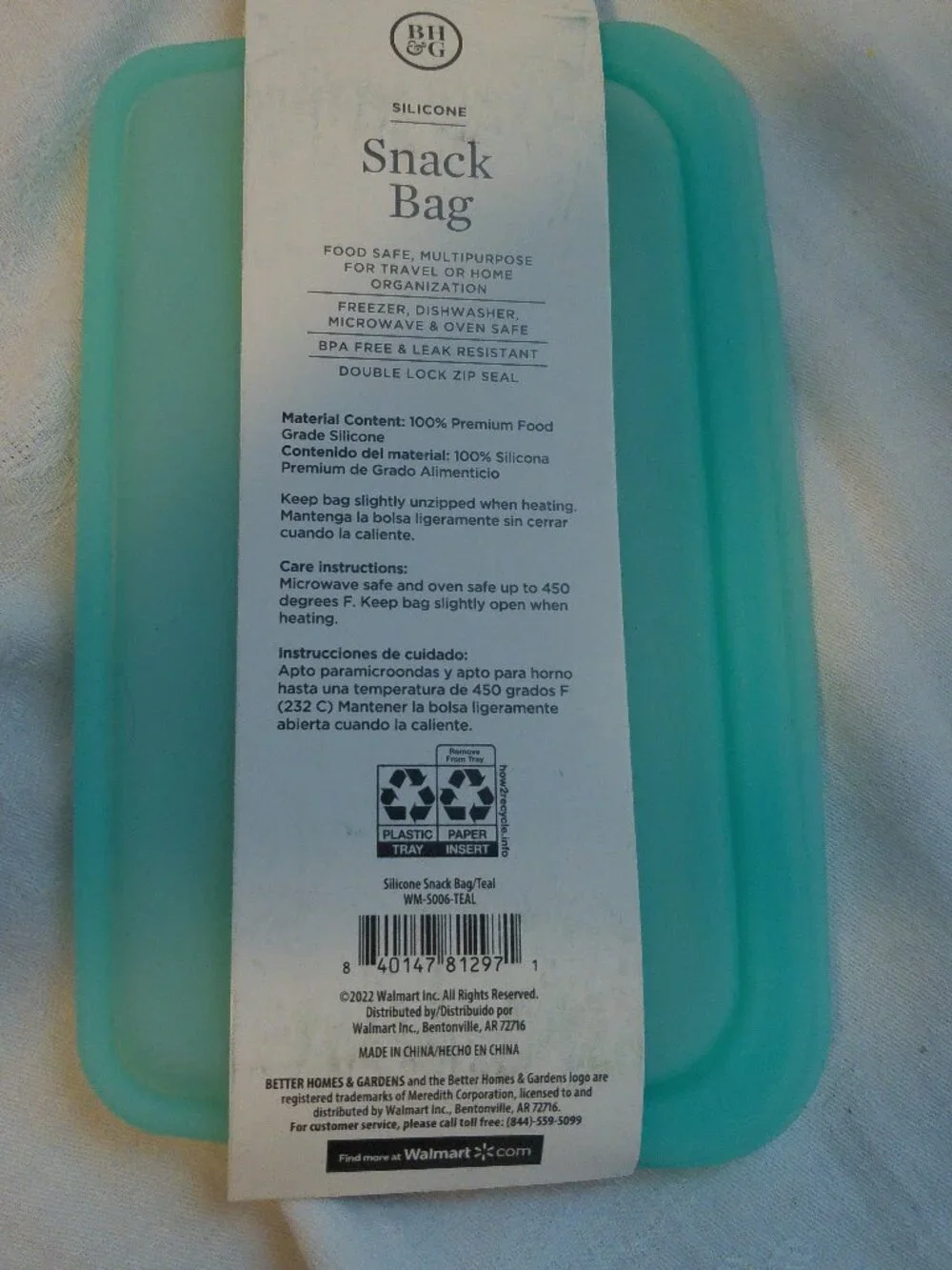 Better Homes & Garden Silicone Snack Bag 8.5 in W x 74.5 in L NEW